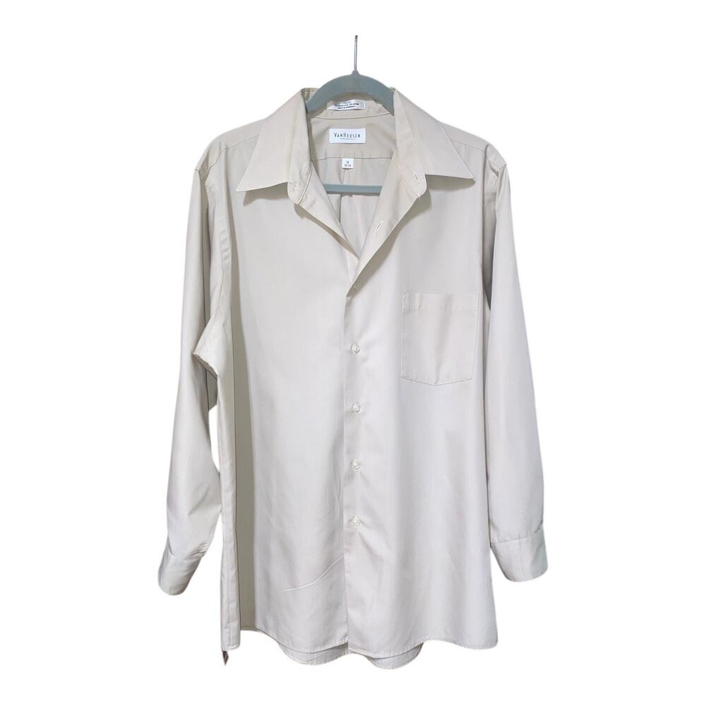 Van Heusen Poplin Tan Button Up Long Sleeve‎ Shirt Size 16.5 32/33 Poly Blend